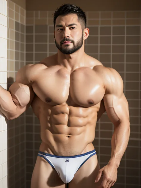 tmasterpiece, Best quality at best,（（（Two handsome muscular Asian men，There is stubble on the chest）））,Panties are soaked，drenched all over the body，Handsome man with stubble,Short hair details、There are water droplets on the body，Handsome Asian muscle man...