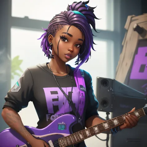 A black Fortnite girl with dark purple hair and rockstar style