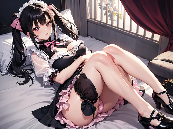 ８K、Best Quality、Sleeping on a white bed、A dark-haired、Long pigtails、Large pink ribbon、delicated face、Akame、Sareme、glares、blushed face、Pink blouse with a lot of frills、Black mini skirt with lace、beauty legs、Striped lace tights、Black thick-soled pumps、Seduct...