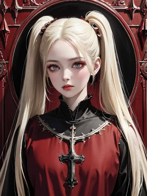 pale young divine gothic priestess, twintails, pure white skin, rust decay, Beautiful full body symmetrical portrait, Delicate blonde hairstyle, crimson eyes, dark red elegant gothic armor, encrusted with red gems, dark cathedral, masterpiece, Highest imag...