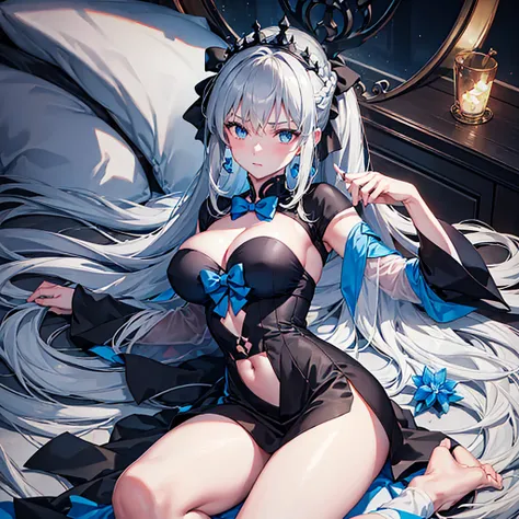 （Enrich the picture，Masterpiece level quality）Beautiful 8K CG artwork，morgan le fay (fate), blue eyes, Long Hair, pony tail,Very long hair, big boob, black bow, looking at viewer, gown, Hair Bow, thights, thights, black dress, Bangs, side locks, French bra...