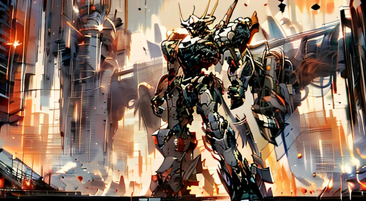 (scenery),(2 mecha army leaders standing on the bridge),(below is the mecha army),(in the city)