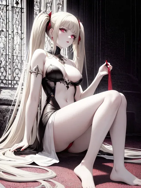 pale young divine gothic priestess, twintails, pure white skin, rust decay, Beautiful full body symmetrical portrait, Delicate blonde hairstyle, crimson eyes, dark red elegant gothic armor, encrusted with red gems, dark cathedral, masterpiece, Highest imag...