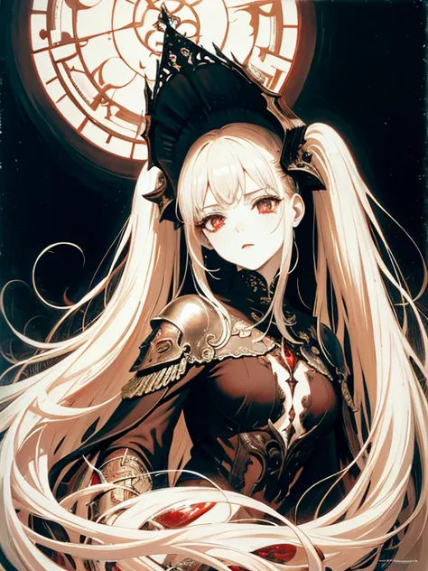 pale young divine gothic priestess, twintails, pure white skin, rust decay, Beautiful full body symmetrical portrait, Delicate blonde hairstyle, crimson eyes, dark red elegant gothic armor, encrusted with red gems, dark cathedral, masterpiece, Highest imag...