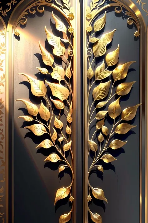 There is a metal wall sculpture，It has flowers and leaves on it, Decorative style, Fine detail gold brushstrokes, metal art, Gold and steel are complicated, Ultra-fine line decoration, with intricate detail, with intricate detail, sun light, be full of det...