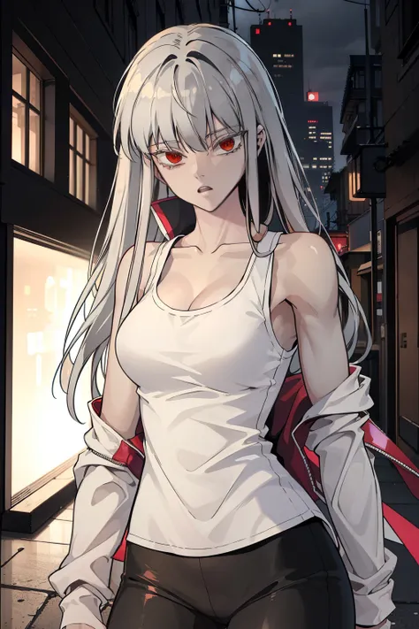 (8k, best quality, masterpiece: 1.2), (best quality: 1.0), (ultra-high resolution: 1.0), Anime girl, long grey hair, in a white tank top that is quite tight, long skintight white pants, loose thin pastel pink jacket, crimson red eyes, fierce look, athletic...