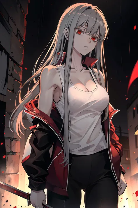 (8k, best quality, masterpiece: 1.2), (best quality: 1.0), (ultra-high resolution: 1.0), Anime girl, long grey hair, in a black tank top that is quite tight, long black pants that fit well on her, loose thin red jacket, crimson red eyes, fierce look, athle...