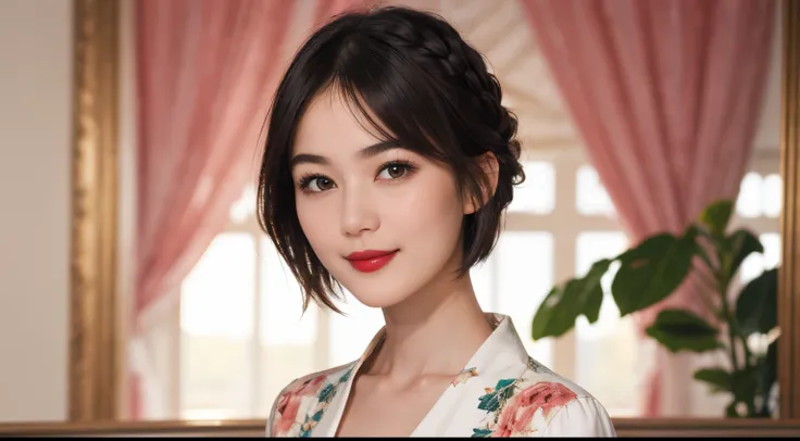 109
(a 20 yo woman,is standing), (A hyper-realistic), (high-level image quality), ((beautiful hairstyle 46)), ((short-hair)), (Gentle smile), (Keep your mouth shut), (lipsticks), (breasted:1.1), Floral clothing