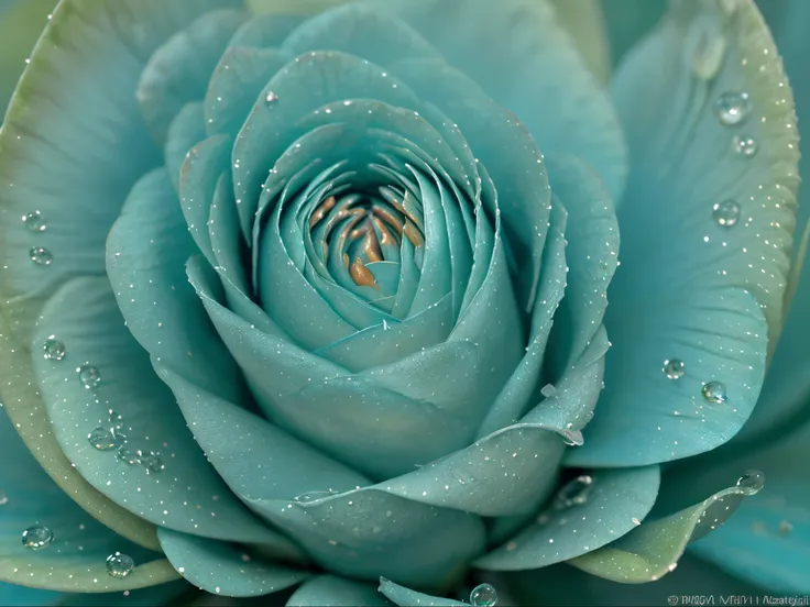 In a stunning display of artistic brilliance, this image showcases teal in all its glory. The main subject appears to be a vibrant teal flower, its petals glistening with dewdrops. The image is a photograph, capturing the delicate beauty of nature in a vis...