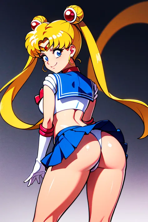 masterpiece, best quality, absurdres, perfect antomy, 1girl, solo, SMMoon, 1990s (style), blonde sailor moon, standing, smile, cowboy shot, sailor senshi uniform, sailor collar, blue skirt, elbow gloves, in back pose, show her booty, backwards, no thong bi...