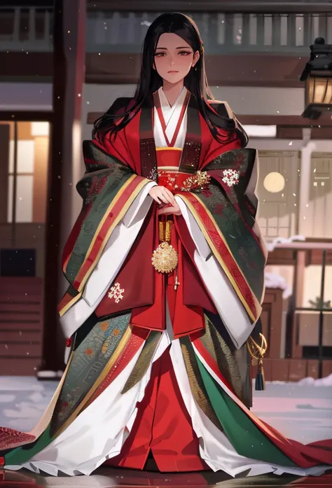 a woman in a red and green dress is standing in the snow, palacio, Llevar un traje de mujer noble, Intrincado hakama, kimono rojo, Kimono rojo con patrones de flores, traditional Japanese, Ropa japonesa, Usando kimono real, Dressed in golden red robes