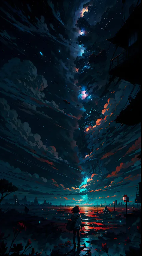 Anime girl standing on a rock looking at a sky full of stars, Makoto Shinkai Cirilo Rolando, Anime Art Wallpaper 4K, Anime Art Wallpaper 4K, Anime Art Wallpaper 8K, cosmic skies. por makoto shinkai, inspirado em Cyril Rolando, No estilo Dan Mumford obra de...