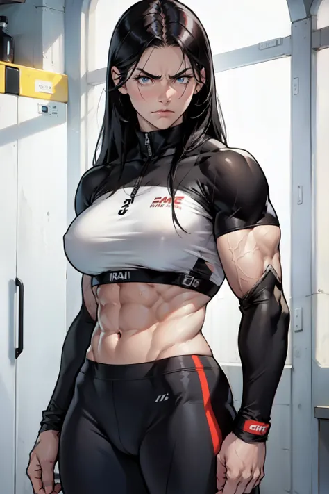 (((((muscular girl))))) pale skin black hair long hair frowning