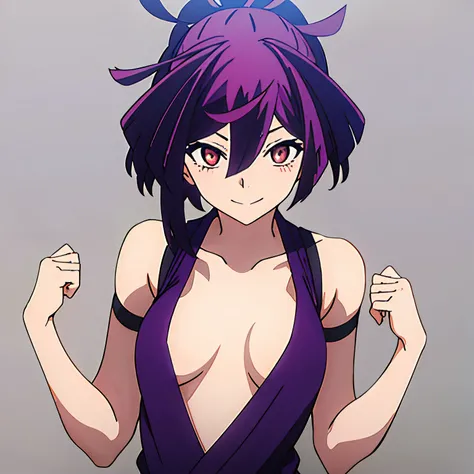 yuzuriha, simple background, hair between eyes, medium breasts, looking at viewer, blush, red eyes, cleavage, collarbone, closed mouth, purple hair, dress, bare shoulders, armpits, smile, white background, 1girl,alone