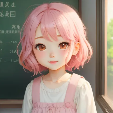 pink hair loli cute short hair anime illustration