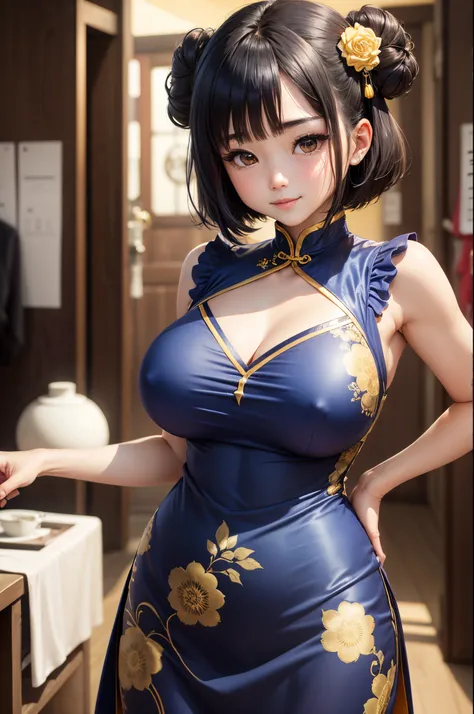 ８K、Best Quality、Streets of China、adult lady、bob cuts、Bun head、Bun cover、A dark-haired、delicated face、Sareme、blushed face、Chest opened、Blue and gold cheongsam、Colossal tits:1.8、big butts:5.5、big breasts thin waist、Beautiful constriction、shinny skin、Facing u...