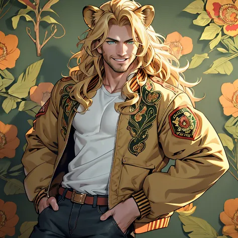 Bomber jacket, One male, lion ears, long hair, blond, blond hair, green eyes, tall, muscular, beautiful face, highest quality, masterpiece, 3d, anime, perfect face, highest detail, feline eyes, stubble, lion tail, wavy hair, cowboy shot, detailed face, int...