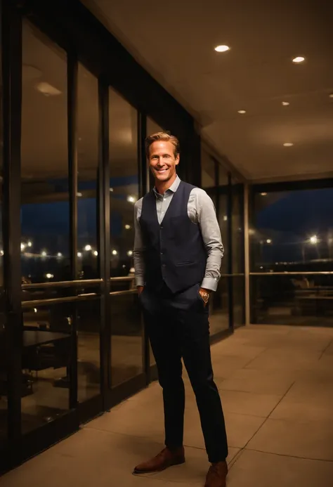 A photo of a sleek and modern office building at night,original,Bryce Hamilton, a quintessential Sand Hill Road venture capitalist, is always seen in his trademark Patagonia vest, a staple even in the summer heat, paired with crisp, casual chinos and a but...