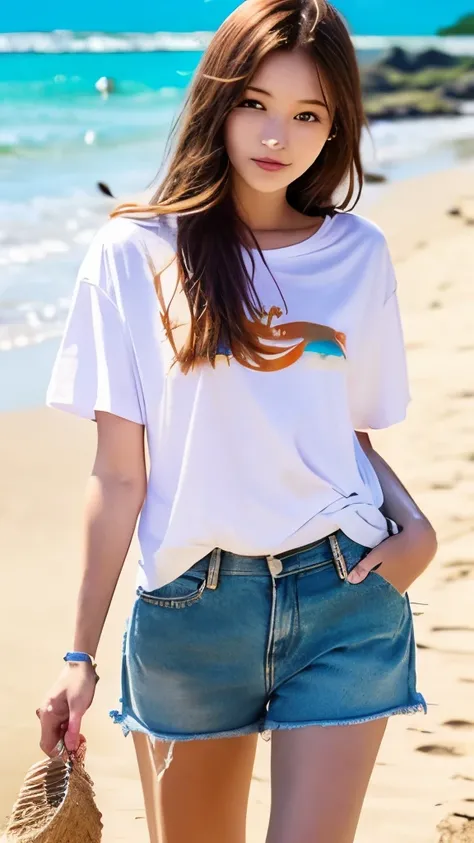 age19、White T-shirt、semi long hair、Beautie、kawaii、Orange Hot Pants、sand beach、