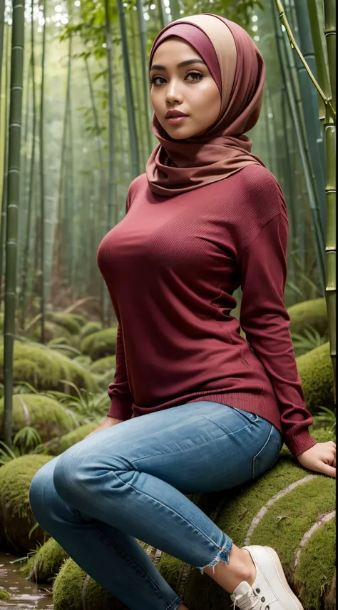 RAW, Best quality, high resolution, masterpiece: 1.3), Beautiful Malay woman in hijab (iu:0.8),looking at viewert，Tight sweater，skintight jeans，photore, realisticlying, Best quality at best，big breast，Detailed eyes，Sitting on the mossy ground in a bamboo f...