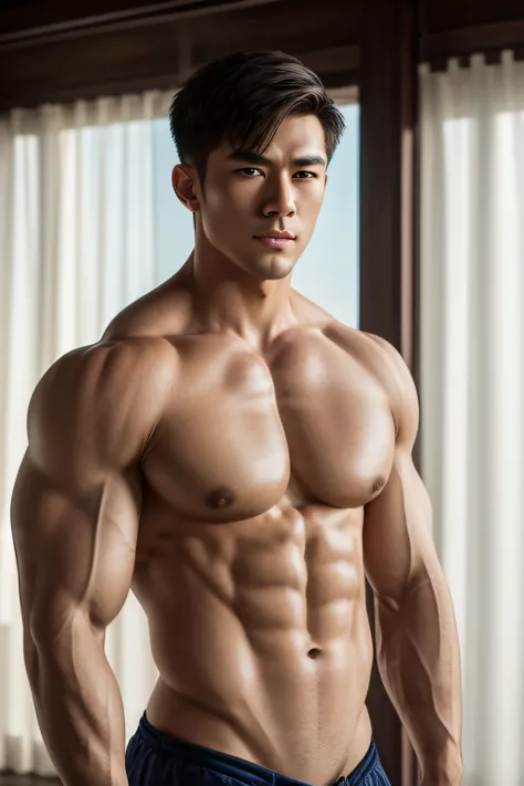 disconsolate，surrounding，artistic conception，large scene，The wind blew up the white curtains，Data light，diffuse light，chest muscle，Bare-chested, stubbles, temple, Muscle tissue, Strong handsome guy，body builder，Hanfu，gold blue colors、Jing Qing Moqing、Pure ...