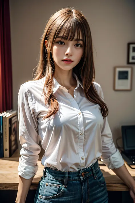 1Mujer hermosa, Beautiful office lady, cuerpo delgado, realista, fondo de pantalla CG unificado 8k extremadamente detallado, ighly detallado, high definition RAW color photos, profesional photography, Retrato realista, cinematiclight, Hermoso detalle, (Her...