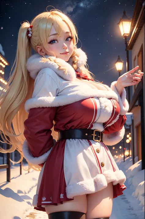 ８K、Best Quality、Snowy night city、adult lady、a blond、Long pigtails、delicated face、Blue eyes、Sareme、blushed face、Santa Claus clothes、Colossal tits:1.8、big butts:5.5、big breasts thin waist、Beautiful constriction、shinny skin、Facing up、Kamimei、Shy smile、Looking...