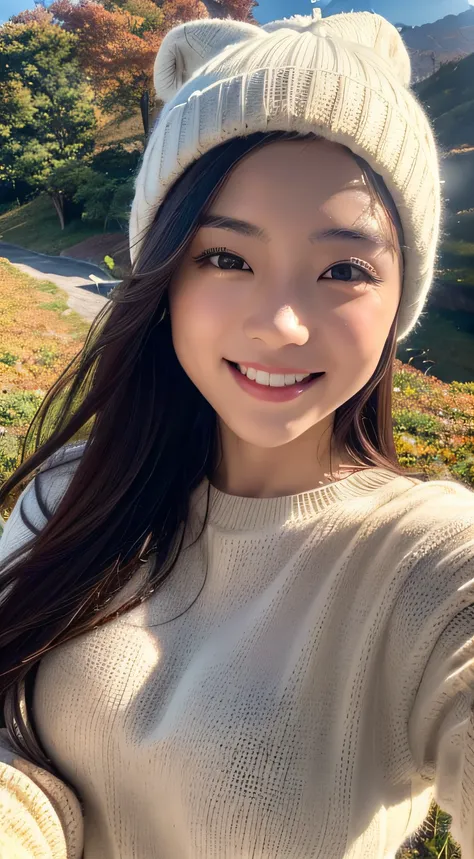 (Upper body selfie:1.3),Autumn climbing,With a superb view from the summit in the background,Colored leaves、Beautiful sunrise,Remove the beam from above,Backlighting,Generate images of beautiful women around the world,Especially while reflecting elements o...