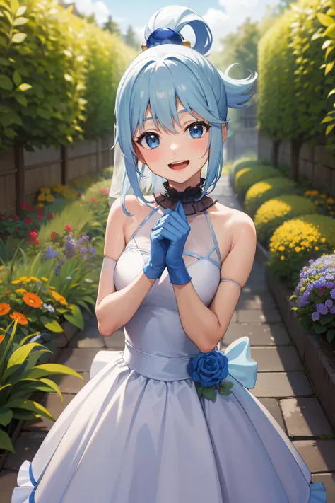 masterpiece, best quality, highres, aarurutie,1girl, wedding dress, white dress, standing, garden, smile, open mouth, beatrix amerhauser, long blue hair, blue eyes,gloves, ponytail,