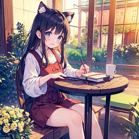 (a cute girl:1.1,beautiful detailed eyes:1.1,beautiful detailed lips:1.1,extremely detailed eyes and face:1.1, long eyelashes:1.1) with (rainbow-colored hair) with cat ears. sitting at a table studying and writing on a book. (Looking at the book). (Anime g...