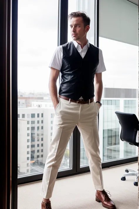 portrait of a father，wearing brown shirt，White vest，Black trousers，leaning against the window，White Europeans and Americans，brunette color hair，office backdrop，Erlang legs，leather shoes，Designer belt。Film