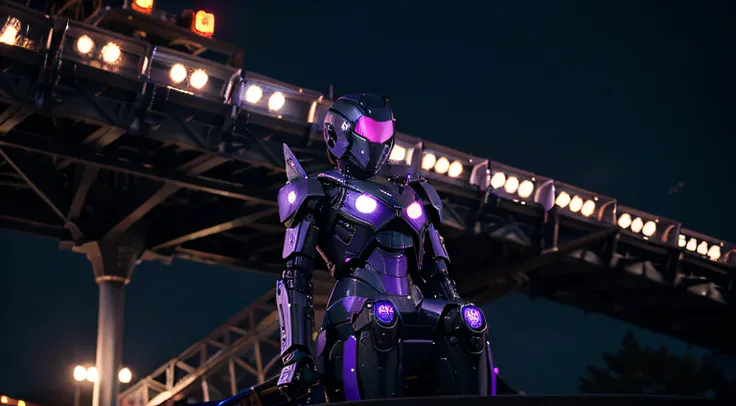 Black robot on metal threads with dark purple wings on the background of a roller coaster, the night