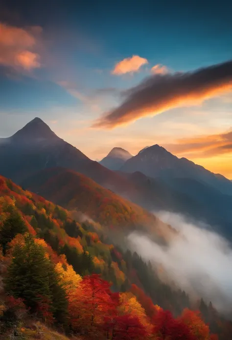 unknown mountain、Mysterious mountain、Mysterious mountain、suspicious mountain、Seven colored autumn leaves、Shining autumn leaves、Beautiful autumn leaves、Beautiful mountains、Dramatic、Rainbow clouds、