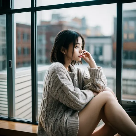 Cinematic photo of a woman sitting on a window sill and looking out the window, grey sweater, Stock Photo ,use previous face, Tumbler, aestheticism, Movie Still, Pretty, pixiv . 35 mm photo, movie, Bokeh, Professional, 4K, Highly detailed