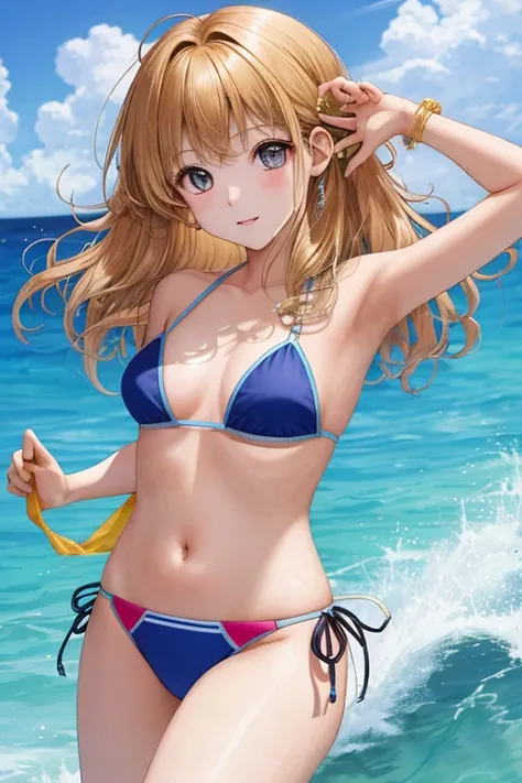 11 year old girl wears micro bikini、Small breasts、Eyes are impressive、Her hair is golden and semi-long、Her swimsuit comes off and her breasts are visible.、Hand bra、