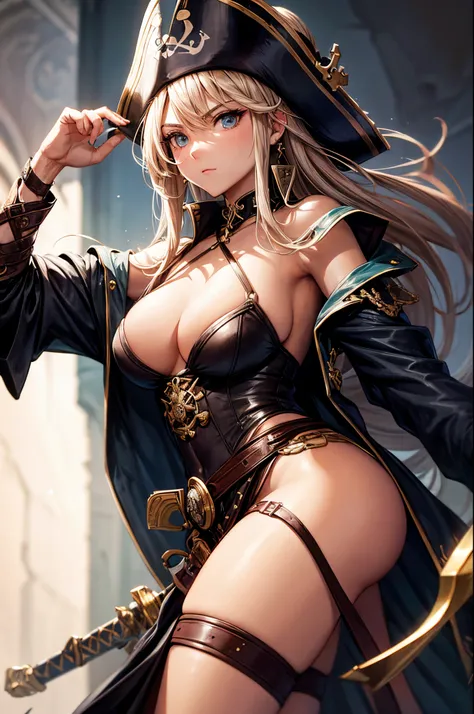 cool awesome swordman, royal looking, western style, female, pirate clothes, sexy