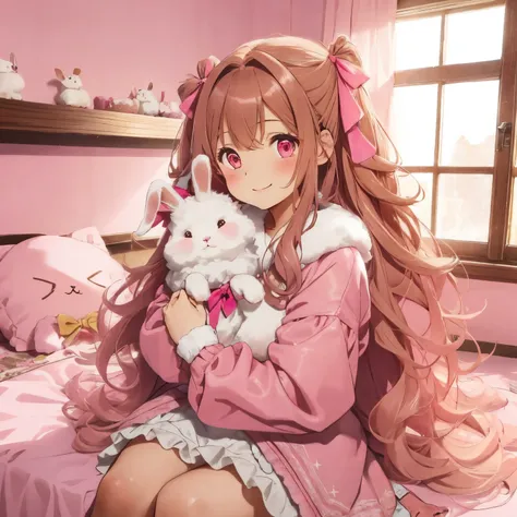 A room with lots of pink fluffy things,fluffy voluminous hair,lightbrown hair,hair band with big ribbon,fluffy and warm clothes,winter clothes with loose sleeves,Girl sitting holding a rabbit,Slight red tide,Smiling kindly,