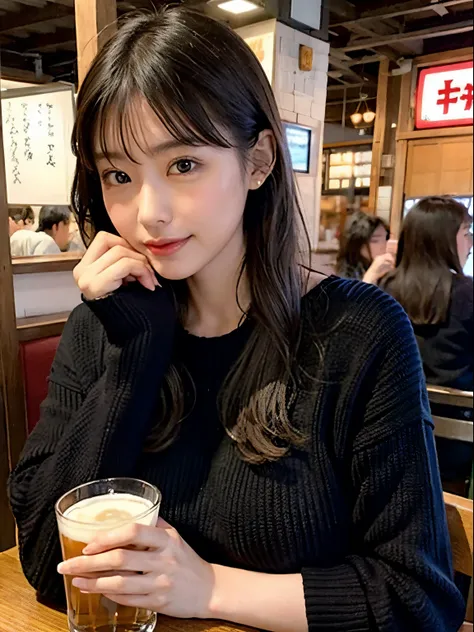 Colossal tits　Sensual appearance, ,25-years old　A sexy　Izakaya　Drinking beer　knit、Black sweater