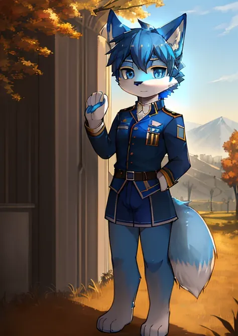 Normal situation (Furry blue fox boy), at the battlefield， Stood up， ((Cool， Detailed faces, clear big eyes，eBlue eyes，Meticulous details)),  Natural soft lighting, 8K, SFV, autumnal , chill out , (furry paw), Wearing a soldiers uniform