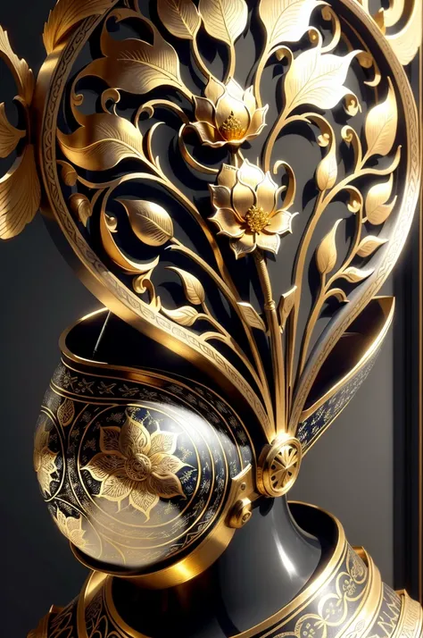 There is a metal flower tree sculpture，hollowed out，it has flowers and leaves on it, Decorative style, Detailed golden brush strokes, metal art, Gold and steel are complicated, Ultra-fine line decoration, with intricate detail, with intricate detail, sun l...