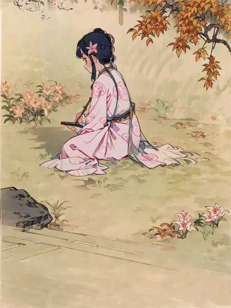 A two-dimensional little girl sat on the ground，Straighten your legs，Drawing with ink pen in hand，Wearing Lingnan blue ancient costume，There are frangipani patterns on the clothes，Innocent and adorable，planar