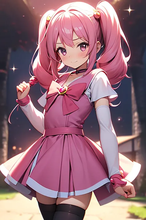 girl, ((loli)), medium hair, twintails, shy, ((small breasts)), (((magical_girl))), pink hair, light smile, (black kneehighs), (adjusting_thighhigh),