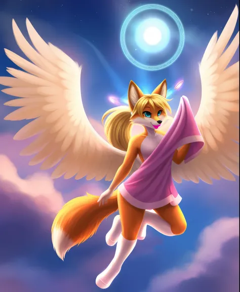 Female blonde anthro fox as an angel, pink ponytail hair, halo, white soft wings, holding a towel, pink shiny lipstick, flying in the atmosphere