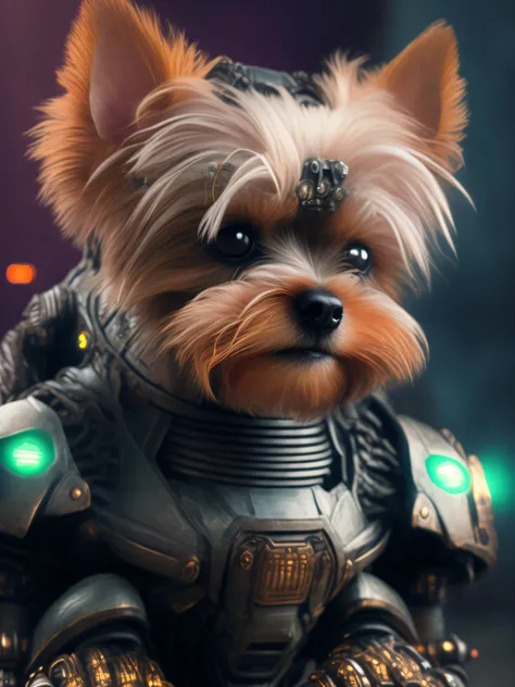 A Yorkshire Terrier (robot) dog as the doomslayer, realistic scifi cyberpunk power armor robot, closeup portrait