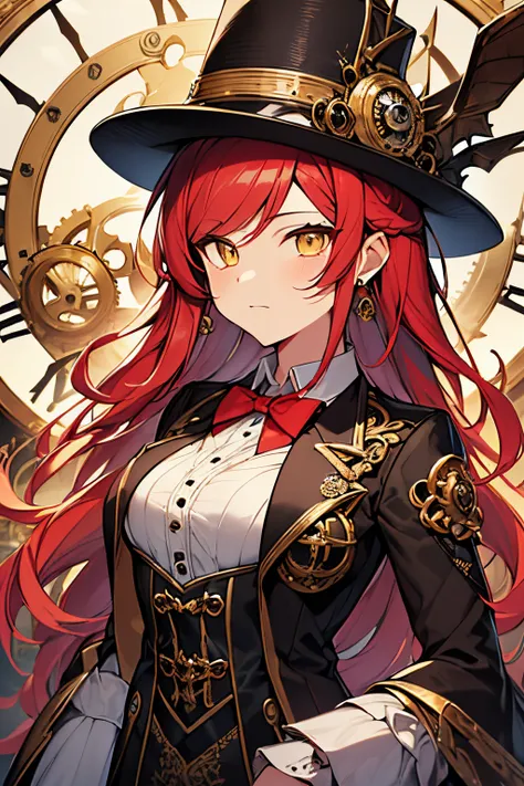 (8k, HD, best quality, absurdres, intricate details, colorful, masterpiece: 1.2) a clockwork professor inventor woman,1girl, yellow eyes, red hair, long hair, red bowtie, white undershirt, brown collared jacket dress, golden rose on neck, single earring, s...