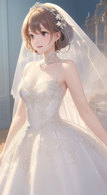 (top-quality、hight resolution、​masterpiece)、There is a wedding dress with lights on the mannequin stand、A dream world where a beautiful woman wears that dress、((Fantastical))、 translucent  dress, white royal dress, Elegant white dress, fantasy dress, Elega...