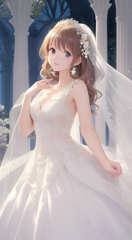 (top-quality、hight resolution、​masterpiece)、There is a wedding dress with lights on the mannequin stand、A dream world where a beautiful woman wears that dress、((Fantastical))、 translucent  dress, white royal dress, Elegant white dress, fantasy dress, Elega...