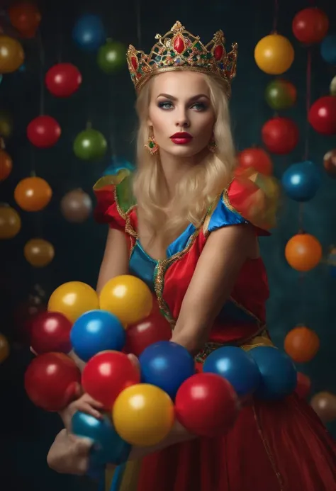 A photo of Princess wearing a jester costume, juggling colorful balls in the air,original,The most beautiful girl in every room. She is blonde and blue eyes. She is Russian and have the model physique. Very tall, lean physique