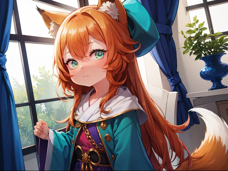 loli+. long orange hair, fox ears, and fox tail. green eyes++. petite+. fancy blue wizard robes. fancy room. close up. solo. decorations. windows. curtains. looking viewer.

cinematic lighting, volume lighting, colorful, masterpiece,