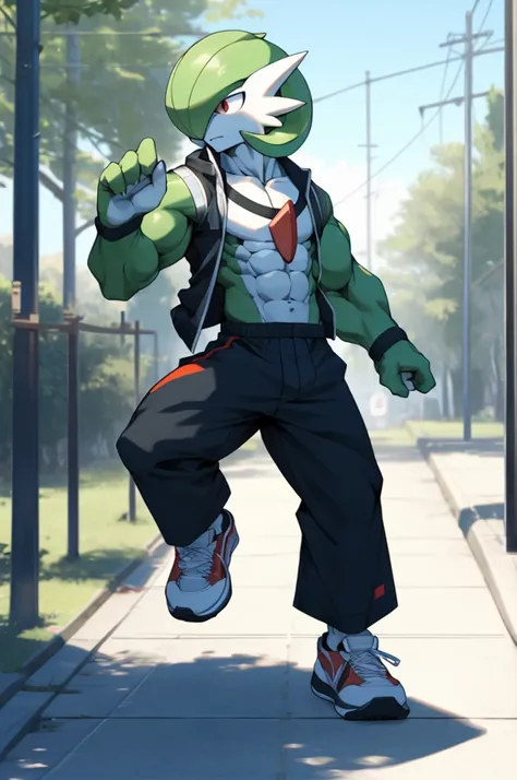 masterpiece, best quality, full body, Solo, male focus, (androgynous), furry, pectorals, pectoral cleavage, muscular, ((Gardevoir)), ((pokemon)), (crop jacket), (tai chi),